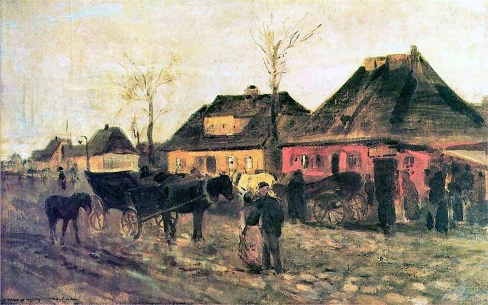 Ilustracja o kształcie poziomego prostokąta przedstawia obraz Maksymiliana Gierymskiego „Zima w małym miasteczku”. Jest szkicem. Ukazuje budynki wiejskie stojące w rzędzie przy drodze, przy której rosną wysokie drzewa.   Przed budynkami znajdują się powozy Drogą idzie para, a za nią koń ciągnący wóz, przy którym podąża źrebię. Zdecydowane pociągnięcia pędzla oraz bogata faktura wpływają na ekspresję i szkicowy charakter pracy.