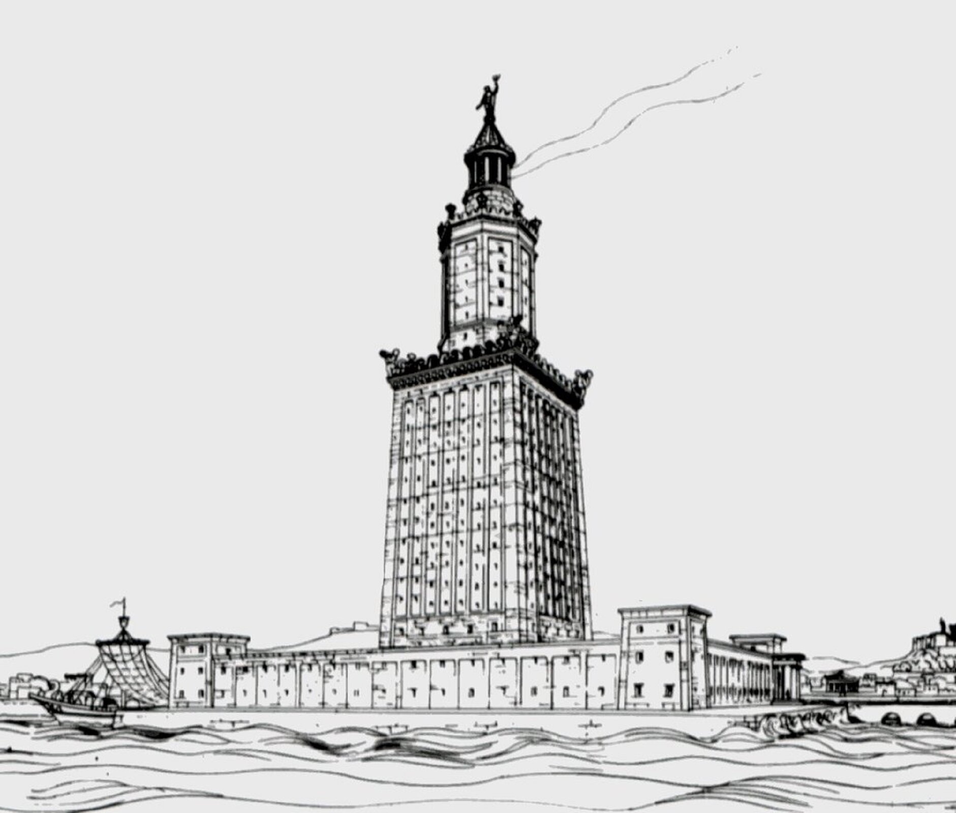Czarno-biała ilustracja autorstwa Hermanna Thierscha przedstawia latarnię Faros w Aleksandrii. Latarnia stoi na płaskim podłożu i otoczona jest kamiennym murem z widocznymi wieżyczkami strażniczymi. Budowla jest wysoka i góruje nad pobliskimi domostwami.  Ze szczytu latarni wydobywa się dym, który informuje pobliskie statki i okręty o niebezpieczeństwach.