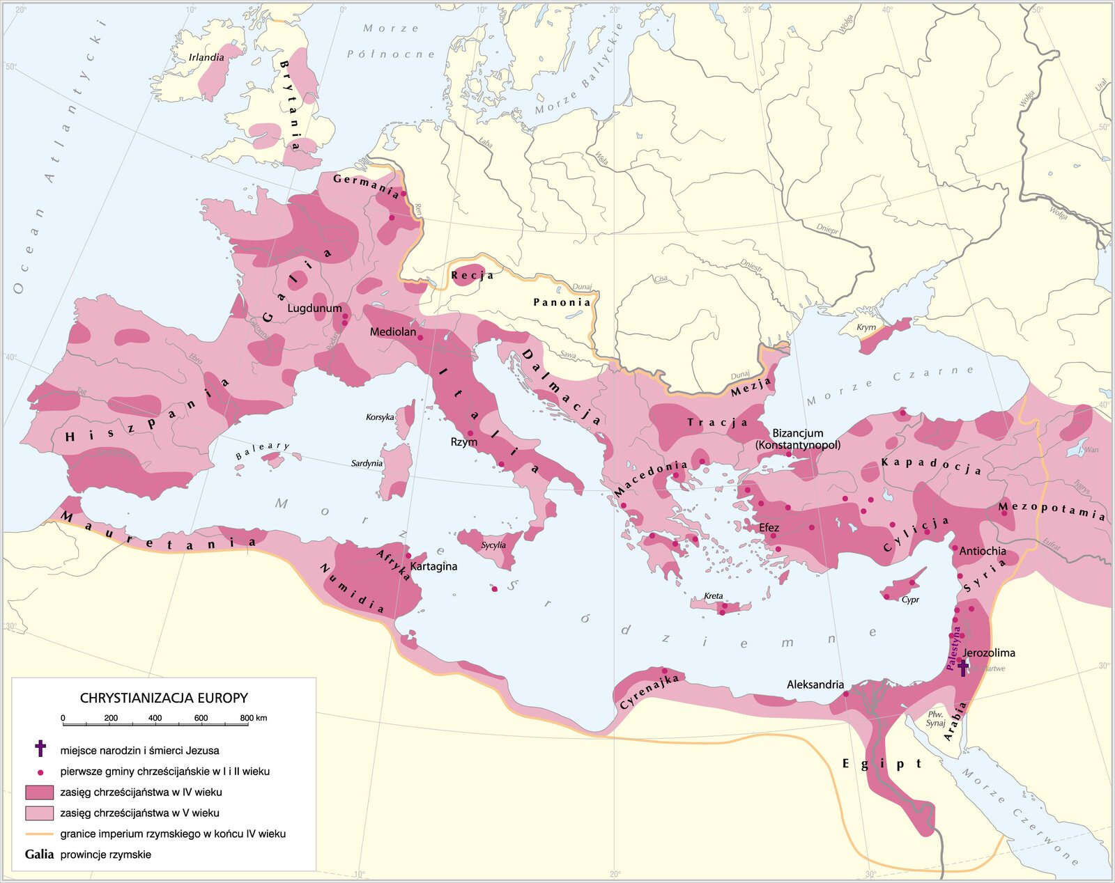 Mapa - Rozprzestrzenianie się chrześcijaństwa od I do V wieku.