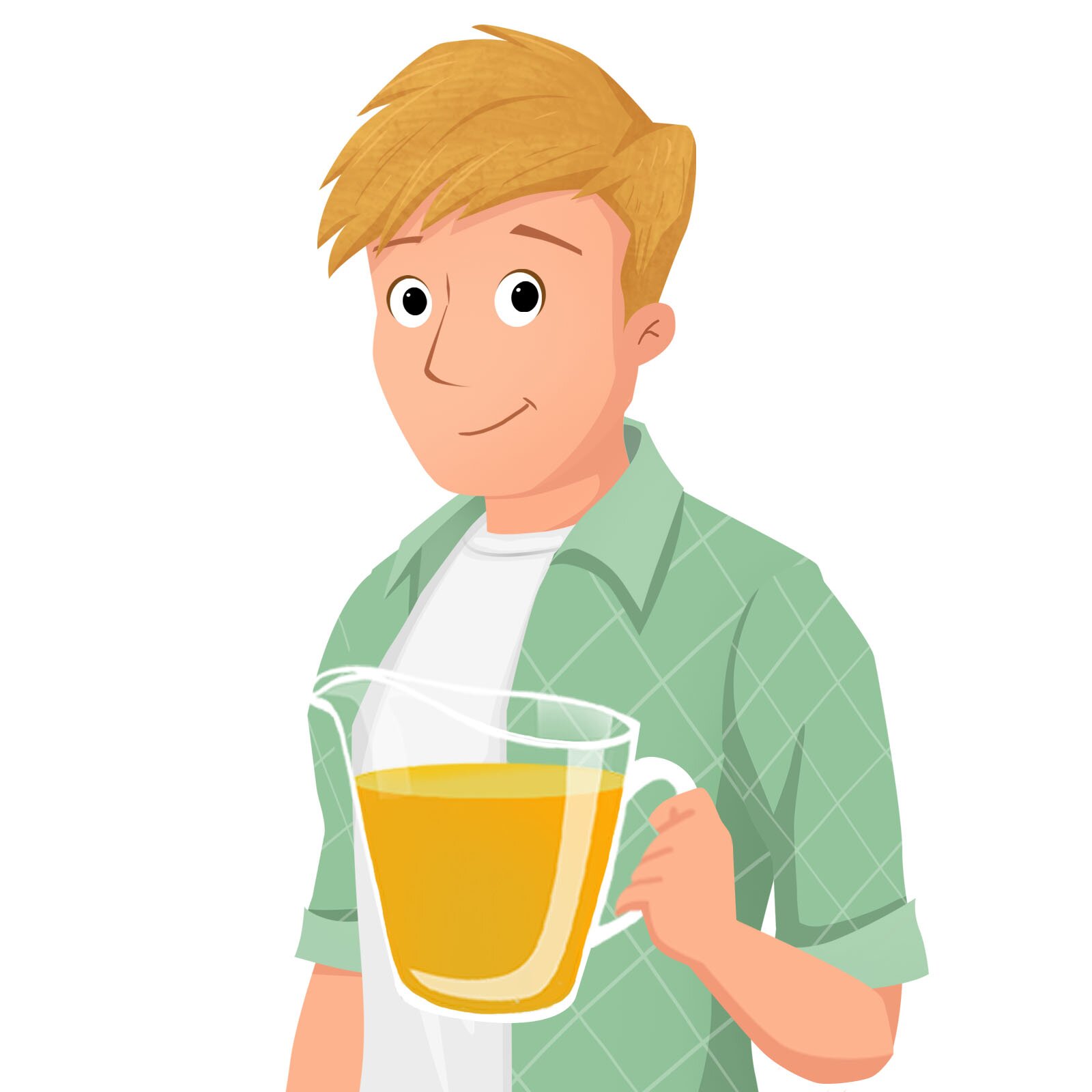 Ilustracja przedstawia uśmiechniętego nastolatka trzymającego napój 