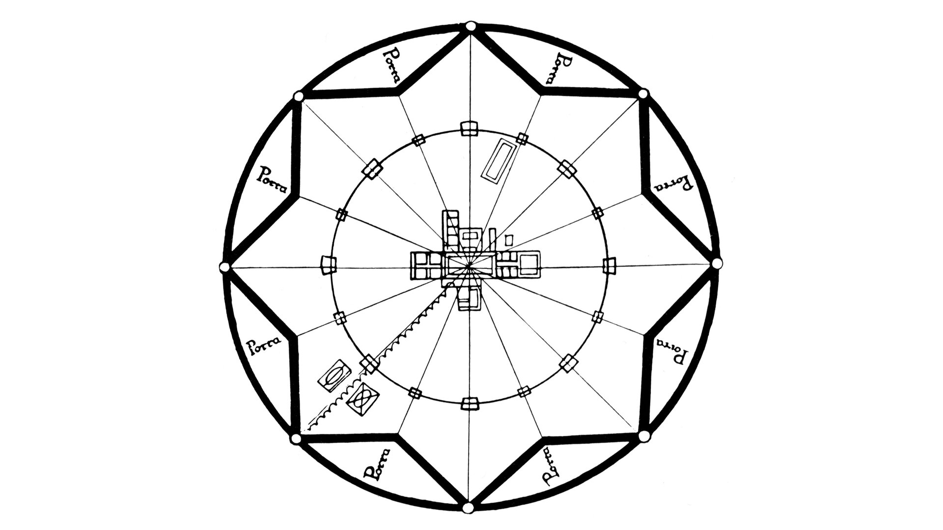 Rysunek przedstawia plan idealnego miasta o kształcie ośmioramiennej gwiazdy wpisanej w okrąg. W jego centralnej części znajdują się zabudowania, wokół których na planie okręgu rozchodzą się ulice.