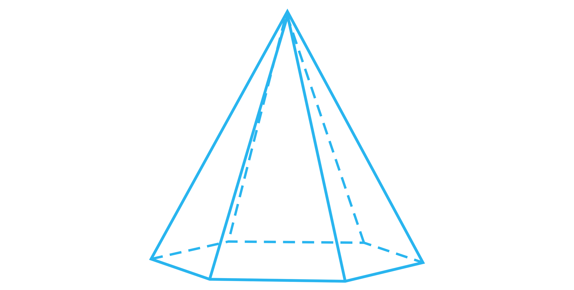Ilustracja przedstawia ostrosłup prawidłowy sześciokątny. Jego podstawą jest sześciokąt foremny, a ścianami trójkąty równoramienne. 