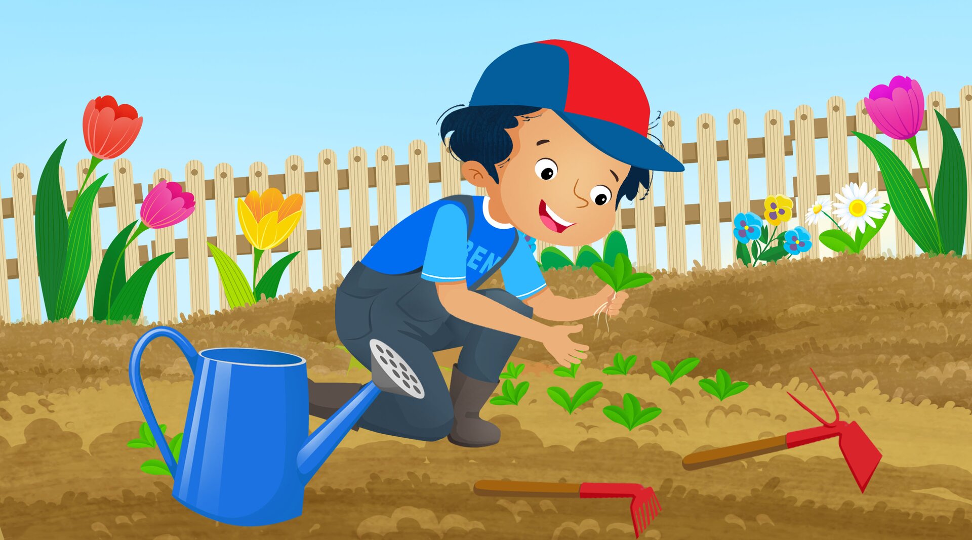 Na ilustracji znajduje się chłopiec, który pracuje w ogrodzie.