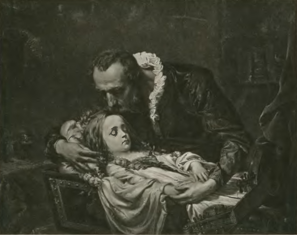 Obraz przedstawia dojrzałego mężczyznę pochylonego nad małą trumną. W trumnie spoczywa mała dziewczynka. Wygląda jakby spała. Mężczyzna całuje jej czoło i otacza rękami jej ciało.