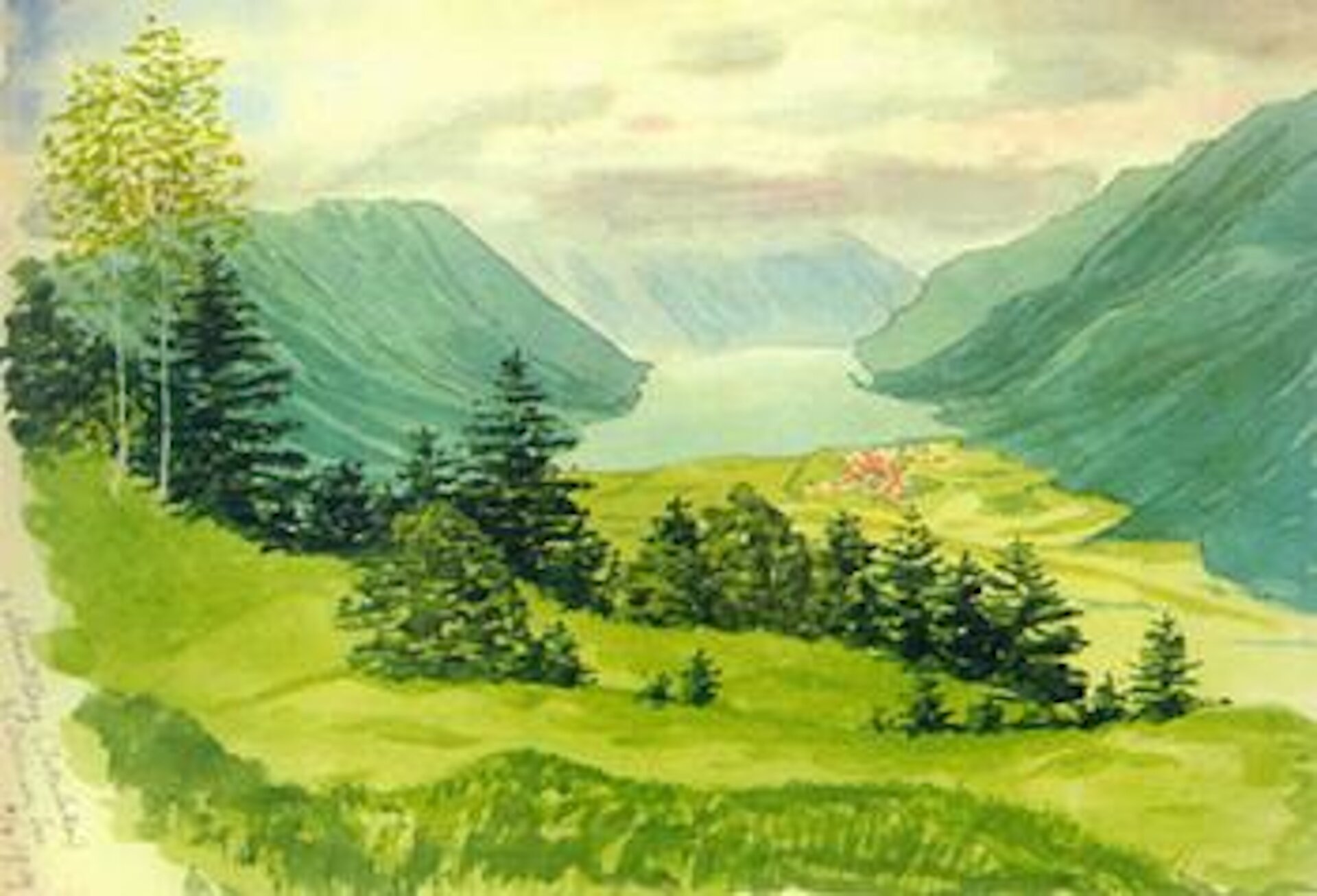 Rys. 3. Reprodukcja przedstawia górską dolinę namalowaną akwarelą. Pejzaż utrzymany w jasnych barwach zieloni. Między górami rozciąga się zielona, trawiasta dolina z nielicznymi drzewami i krzewami na pierwszym planie. W oddali między górami znajduje się jezioro, a za nim kolejna góra niknąca we mgle.