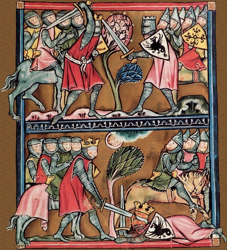 Reprodukcja barwna miniatury z Rękopisu z St. Gallen w Szwajcarii przedstawiającej dwie sceny walki Karola Wielkiego z Baligantem z „Pieśni o Rolandzie”. Sceny na karcie umieszczono jedna pod drugą. Na brązowym tle przedstawione sylwetki postaci. Pierwsza ilustracja ukazuje z lewej strony króla w czerwonej sięgającej kolan sukni bez rękawów założonej na kolczugę okrywającą całe ciało. W obu dłoniach trzyma on miecz, który uniósł ponad głowę i skierował ostrzem nad plecami w dół, biorąc zamach do ciosu na stojącego naprzeciw po prawej stronie przeciwnika w różowej sukni. Osłania się on tarczą z namalowanym na niej czarnym smokiem, a mieczem trzymanym w lewej dłoni, usiłuje zadać cios w okrytą hełmem głowę króla. Za plecami każdego z walczących zgromadził się tłumek towarzyszących rycerzy na koniach. W tle, pomiędzy walczącymi, rośnie samotne drzewo. W drugiej scenie Karol stoi z mieczem opuszczonym przed sobą po zadaniu ciosu. Ostrze broni utkwiło w głowie powalonego na ziemię przeciwnika, który leży na brzuchu, trzymając pionowo swój miecz. Towarzyszący mu jeźdźcy umykają w stronę prawej krawędzi miniatury. Ponad drzewem pojawiło się przysłonięte częściowo chmurą słońce.