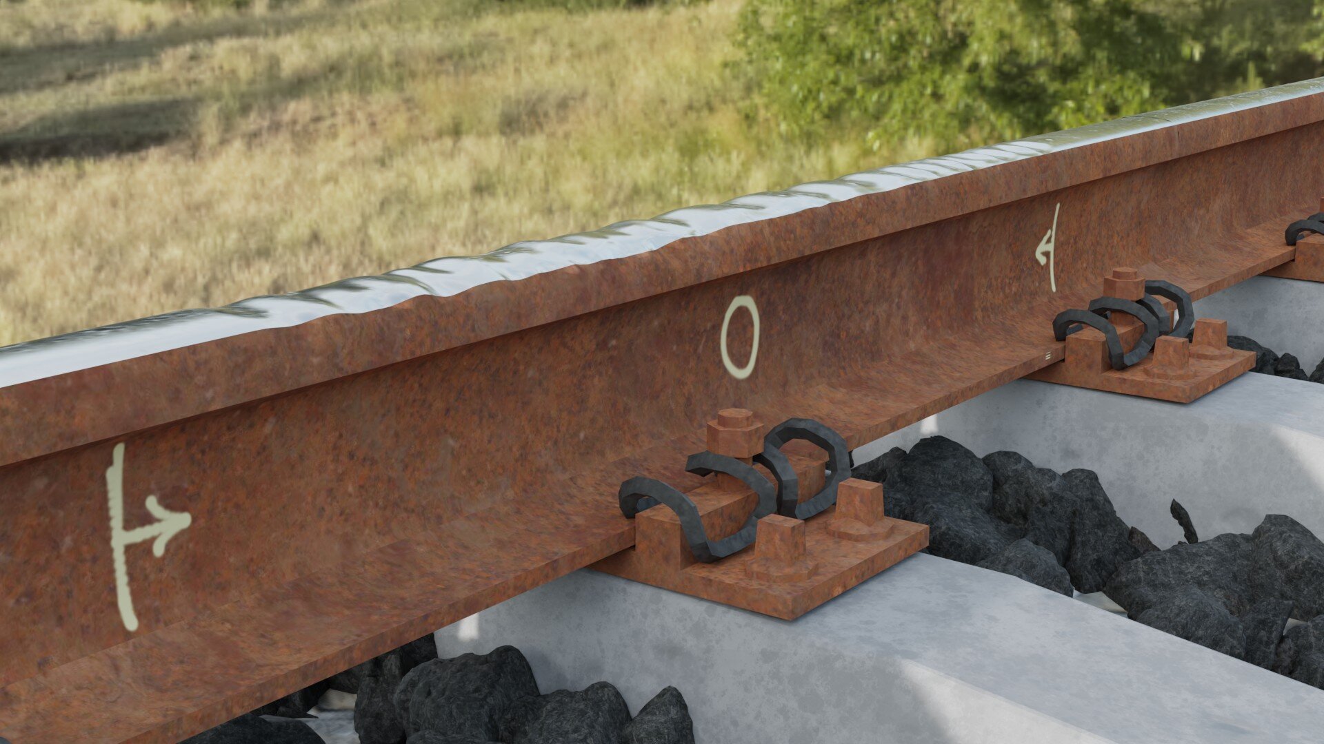 Ilustracja przedstawia szynę. Na ścianie bocznej szyby widnieje grafika są to dwie linie pionowe z strzałkami do środka. Strzałki znajdują się na środku lin pionowych. Między liniami pionowymi znajduję się litera O nad literą O widoczne jest zużycie faliste szyny są to nieregularne nierówności występujące na powierzchni tocznej szyny.