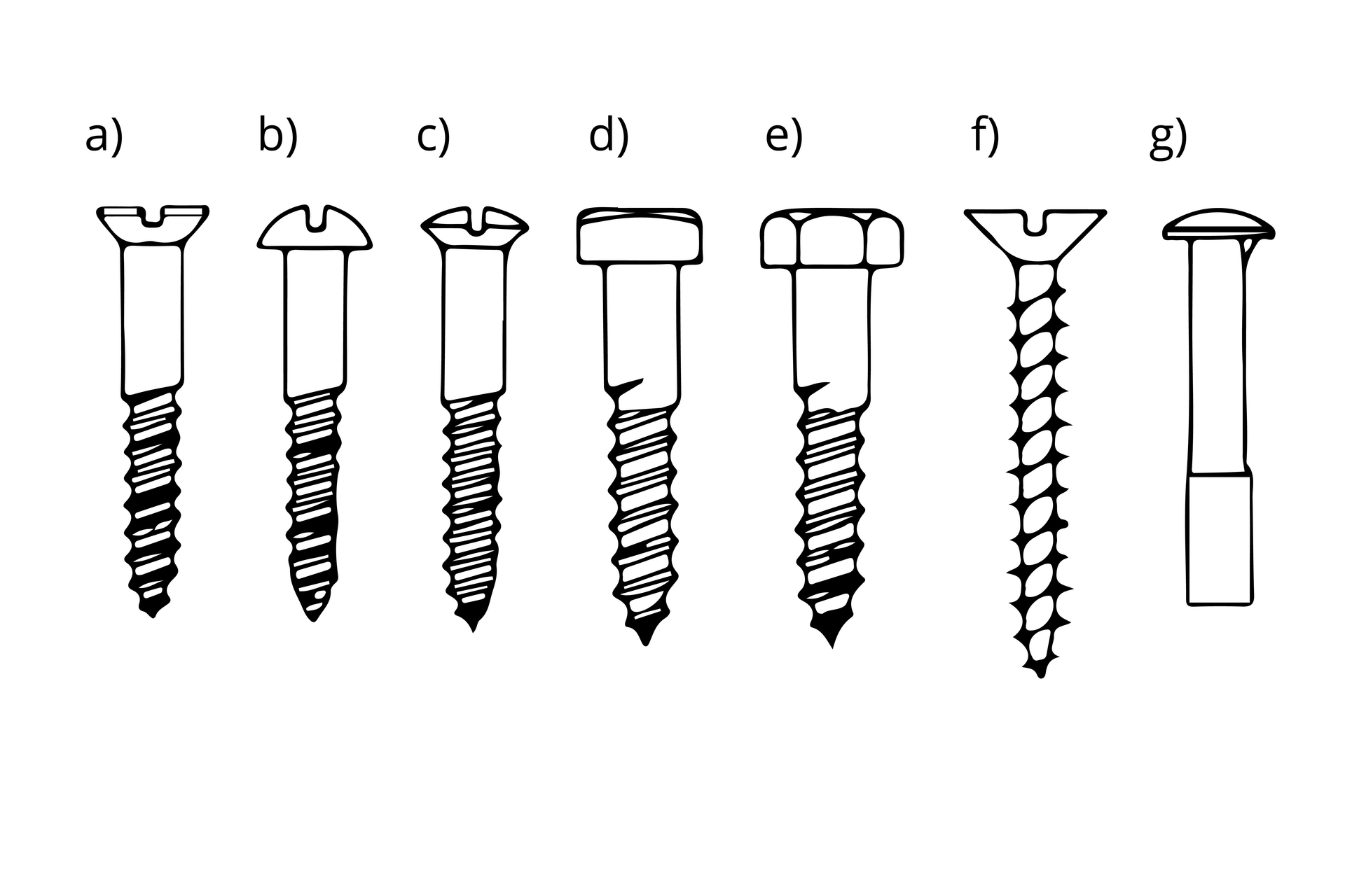 Grafika zawiera rysunki siedmiu wkrętów: a) wkręt do drewna z łbem płaskim stożkowym, b) wkręt do drewna z łbem kulistym, c) wkręt do drewna z łbem stożkowym soczewkowym, d) wkręt do drewna z łbem czworokątnym, e) wkręt do drewna z łbem sześciokątnym, f) wkręt do płyt wiórowych, g) śruba noskowa z łbem grzybkowym.
