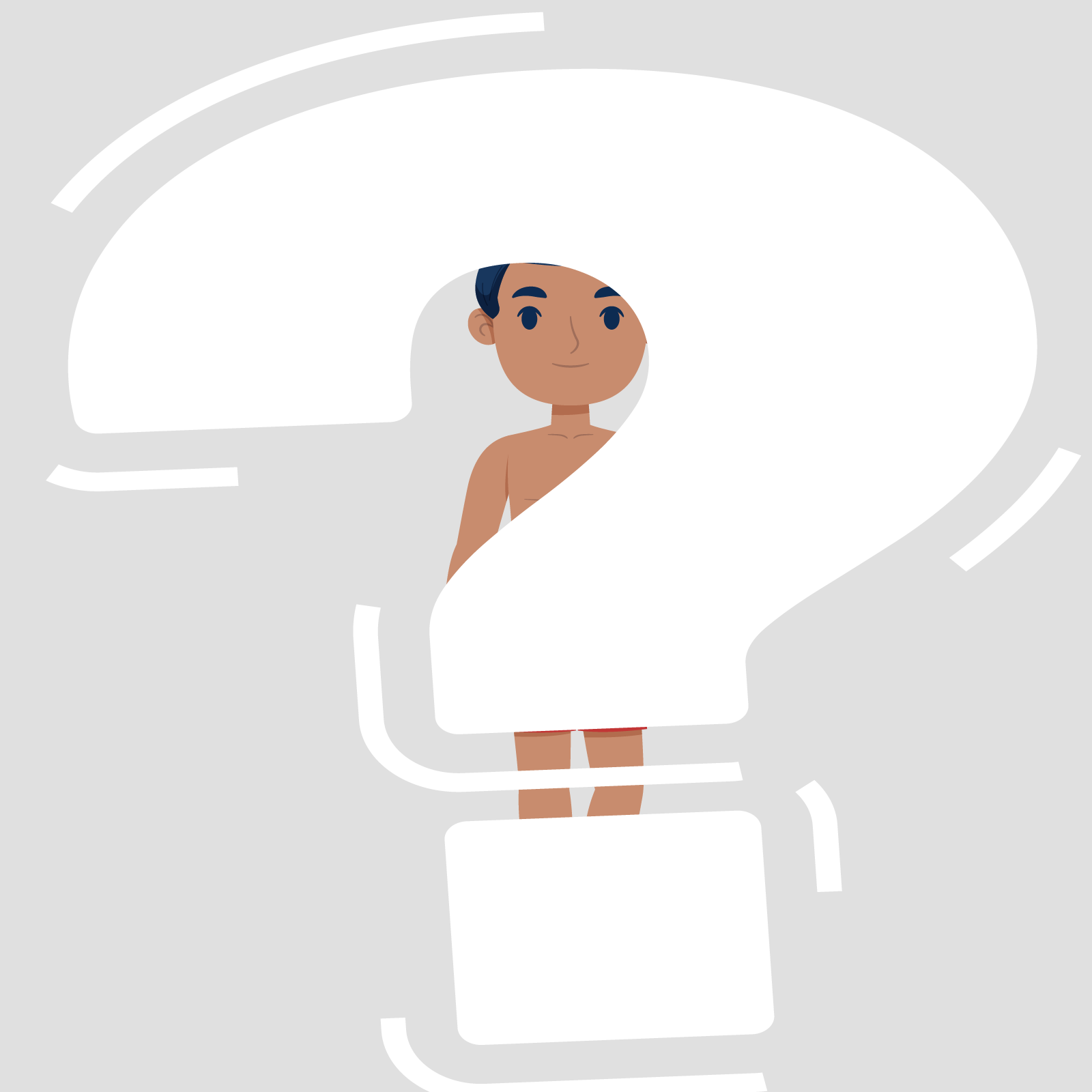 Ilustracja przedstawia mężczyznę, przysłoniętego wielki, białym znakiem zapytania.