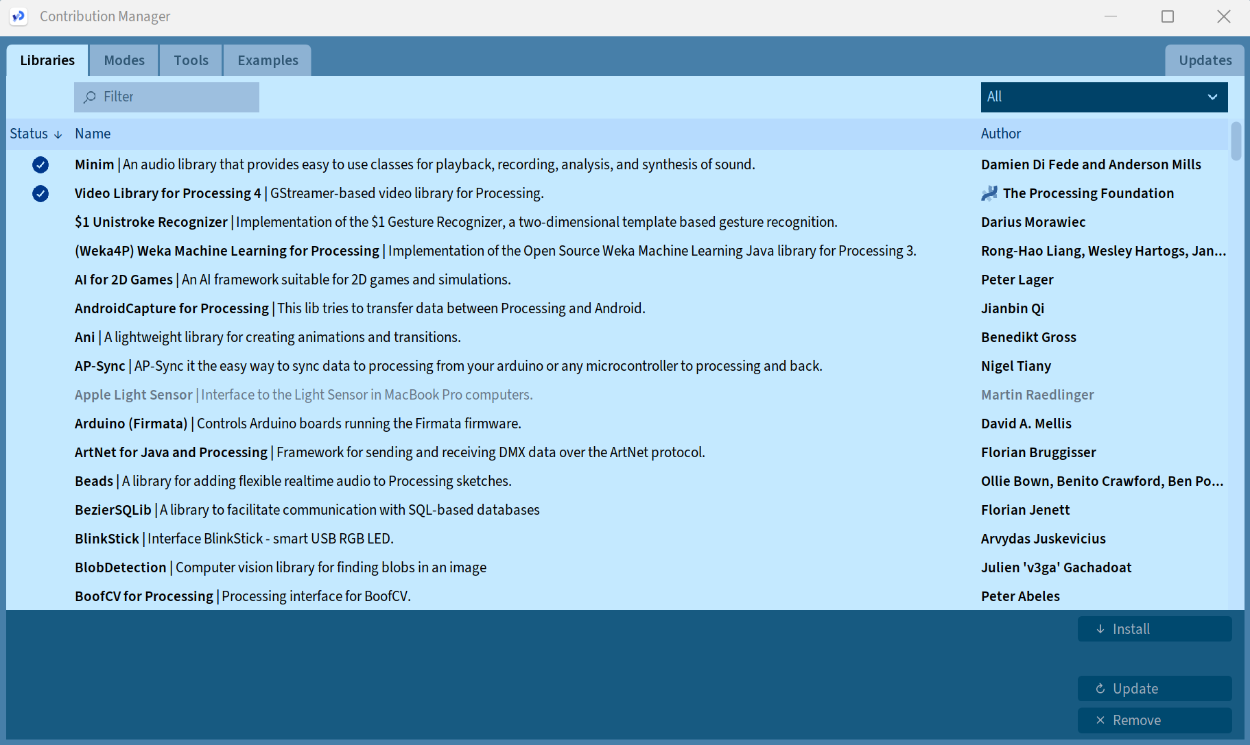 Ilustracja przedstawia zrzut ekranu ze środowiska processing. Otwarte jest okno importowania bibliotek, wypisana jest lista dostępnych bibliotek do zainstalowania. Na samej górze listy znajdują się dwie biblioteki, które mają ciemnoniebieski znaczek przy sobie, oznacza to, że zostały już zainstalowane, są to: Minim oraz Video Library for Processing 4 