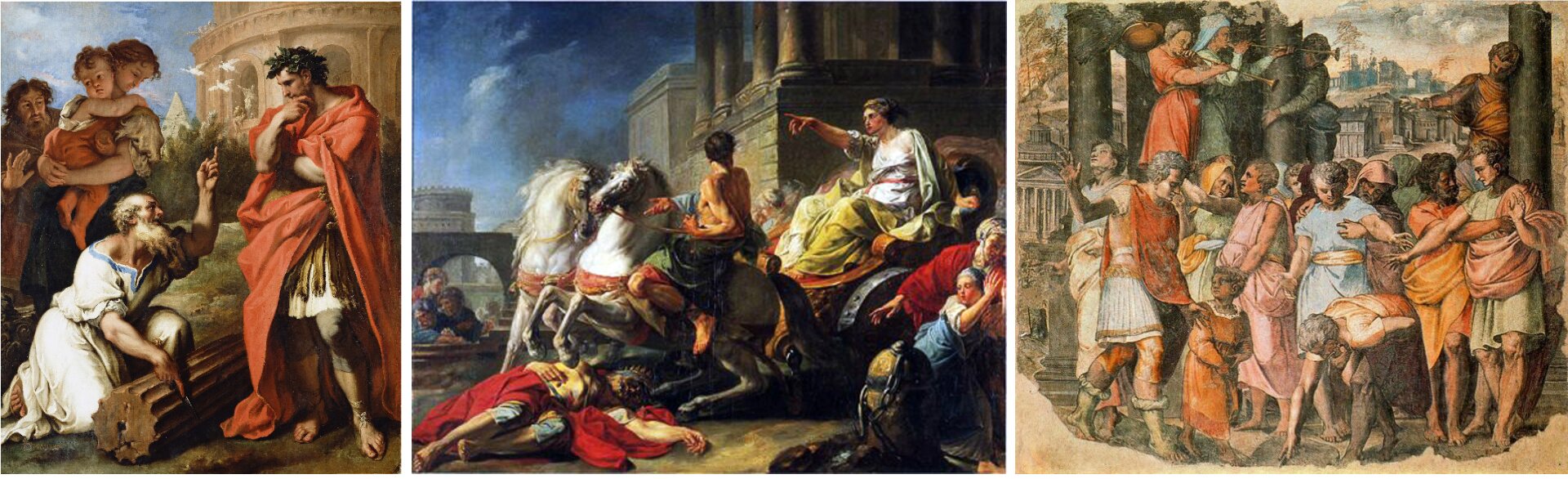 Jedna z ilustracji przedstawia dzieło Sebastiana Ricci, pt. „Tarkwiniusz Starszy zasięga opinii augura Attiusza Newiusza”. Po prawej stronie obrazu stoi król ubrany w czerwoną szatę, spod której wystaje krótka tunika. Na głowie ma wieniec. Prawą dłonią trzyma się za podbródek. Patrzy na augura, który przyklęknął nad leżącą marmurową kolumną. Wróżbita jest stary, ma długą siwą brodę. Ubrany jest w lekką jasną szatę. W prawym ręku trzyma ostry przedmiot, którym stara się przeciąć kolumnę; lewą ma podniesioną do góry, w stronę króla. Na drugim planie, tuż za augurem, stoi kobieta trzymająca dziecko na rękach. Za nią mężczyzna w ciemnych szatach. Ukazani są na tle błękitnego nieba. Po prawej stronie, za królem, widnieje fragment dużej okrągłej budowli. Z jej okna wylatują białe ptaki. Kolejna ilustracja przedstawia dzieło Jean Bardin’a pt. „Tulia, córka Serwiusza Tulliusza, przejeżdża po ciele swojego ojca”. Obraz ukazuje młodą dziewczynę siedzącą na wozie zaprzężonym w dwa białe konie. Na jednym z koni siedzi jeździec, trzyma go za uzdę. Odwraca się w stronę dziewczyny. Ta ma wyciągniętą prawą rękę i wskazuje coś palcem. Jest ubrana w jasną lekką szatę, z przerzuconym żółtym płaszczem. Na drodze, tuż przed pędzącymi końmi, leży mężczyzna. Spoczywa bezwładnie na swoim czerwonym płaszczu; jedną rękę ma odrzuconą w bok. Obok, na prawo od drogi, stoi kobieta z dziewczynką. Odwraca głowę, jakby nie chciała oglądać mającego nastąpić zdarzenia. W tle widoczna jest kamienna zabudowa miasta: budynki z kolumnami, fragment akweduktu. Po lewej stronie, w oddali stoi troje ludzi. Następna ilustracja przedstawia dzieło Perino del Vagi, pt. „Tarkwiniusz Pyszny kładzie fundamenty świątyni Jowisza Kapitońskiego”. Na pierwszym planie obrazu widnieje grupa ludzi w kolorowych szatach. Przyglądają się mężczyźnie, który znajduje się przed nimi. Jest pochylony; prawą ręką zaznacza coś na ziemi. Na drugim planie, między zielonymi kolumnami, stoi czterech mężczyzn. Dwu gra na długich trąbkach. W dali widoczne są zabudowania miasta przedstawione schematycznie.