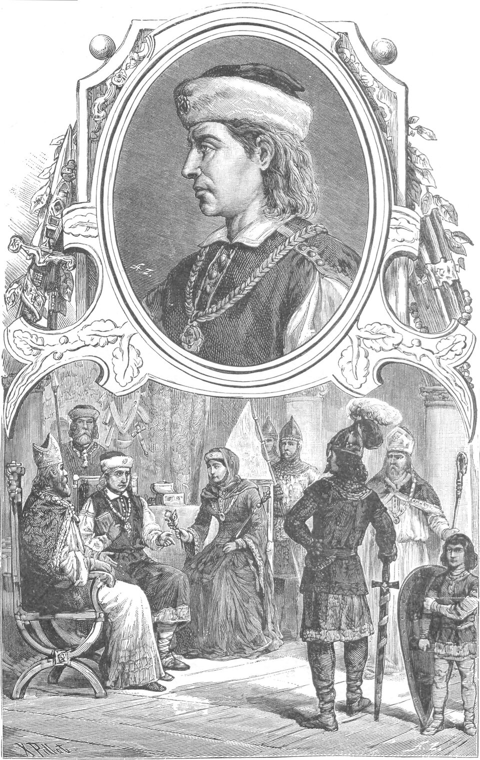 Ilustracja przedstawia portret Władysława Hermana. Jest on ukazany z profilu, na głowie ma futrzane nakrycie, na szyi wisi ozdobny łańcuch. Ma poważną minę. Pod portretem ukazana jest scenka z królewskiego dworu – kobieta podaje mężczyźnie (prawdopodobnie Władysławowi Hermanowi) kwiat, świadkami tego są: biskup, rycerze.