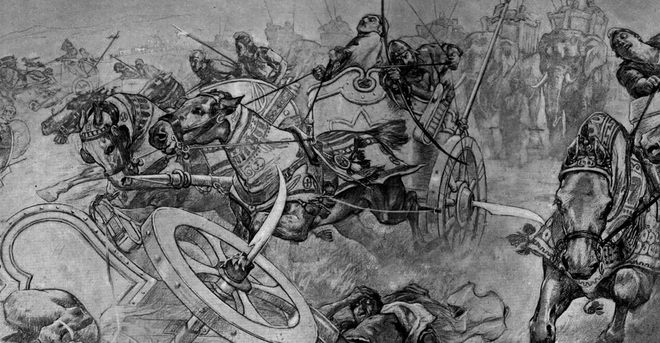 Rycina przedstawia szarżę perskich scytyjskich rydwanów pod Gaugamelą. Rydwany ciągnięte są przez dwukonne zaprzęgi, z bocznych kół wystają lekko zakrzywione, łukowate ostrza. Jadący na rydwanach żołnierze uzbrojeni są w długie włócznie.