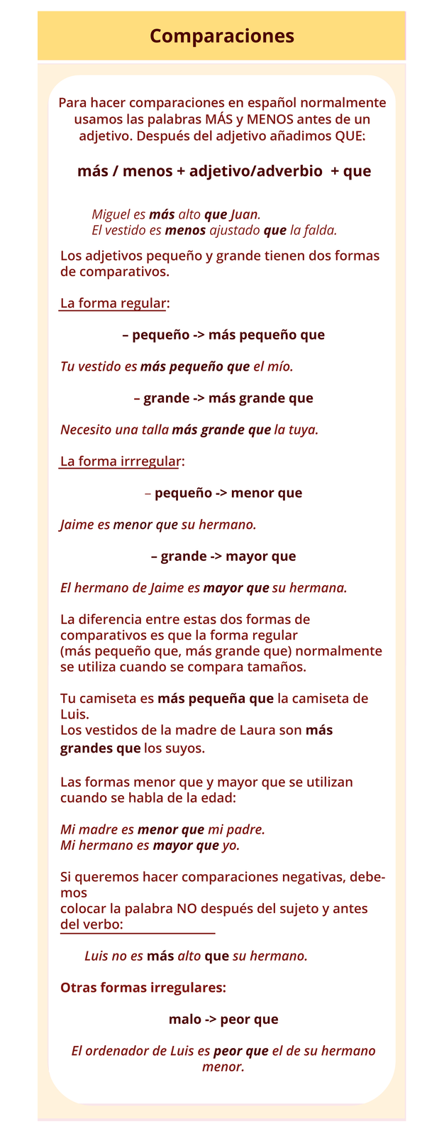 Tytuł grafiki: Comparaciones.  Poniżej: Para hacer comparaciones en español normalmente usamos las palabras MÁS y MENOS antes de un adjetivo o adverbio. Después del adjetivo o adverbio añadimos QUE: más / menos plus adjetivo/adverbio plus que.  Miguel es más alto que Juan. El vestido es menos ajustado que la falda Los adjetivos pequeño y grande tienen dos formas de comparativos.  La forma regular: pequeño - más pequeño que; Tu vestido es más pequeño que el mío. Grande - más grande que. Necesito una talla más grande que la tuya. La forma irrregular: pequeño - menor que; Jaime es menor que su hermano. Grande - mayor que. El hermano de Jaime es mayor que su hermana.  La diferencia entre estas dos formas de comparativos es que la forma regular (más pequeño que, más grande que) normalmente se utiliza cuando se compara tamaños. Tu camiseta es más pequeña que la camiseta de Luis. Los vestidos de la madre de Laura son más grandes que los suyos. Las formas menor que y mayor que se utilizan cuando se habla de la edad: Mi madre es menor que mi padre. Mi hermano es mayor que yo. Si queremos hacer comparaciones negativas, debemos colocar la palabra NO después del sujeto y antes del verbo: Luis no es más alto que su hermano. Otras formas irregulares: malo - peor que; El ordenador de Luis es peor que el de su hermano menor.
