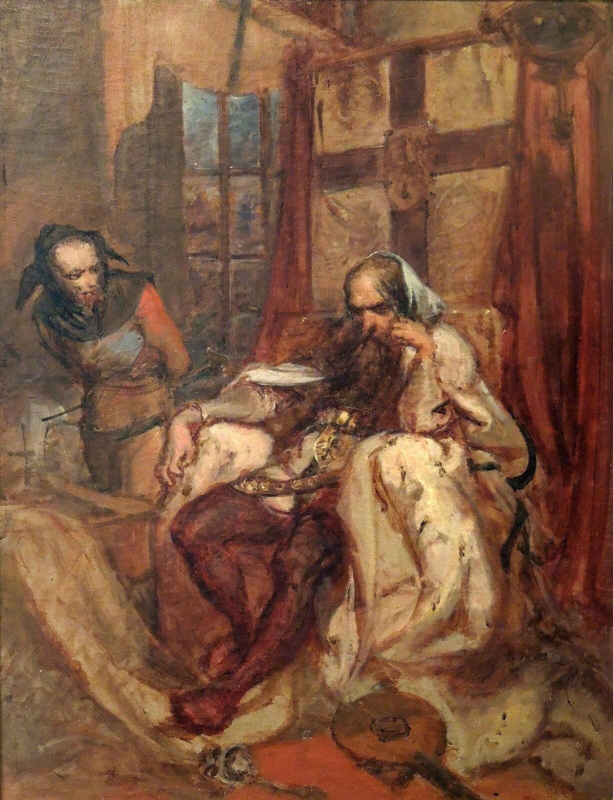 Obraz przedstawia wnętrze niewielkiej sali. Pośrodku siedzi na tronie starszy, długowłosy, brodaty mężczyzna. Jest ubrany w kaftan, obcisłe rajtuzy, na ramionach ma obszerną podbitą futrem pelerynę. Mężczyzna podpiera lewą dłonią opuszczoną głowę. Prawą rękę ma położoną na oparciu tronu. Za plecami mężczyzny, nad tronem zawieszony jest sztandar z krzyżem. U stóp siedzącego leżą porozrzucane przedmioty. Po prawej stronie mężczyzny stoi niewielki, szczupły mężczyzna w stroju błazna. Na głowie ma czapkę z trzema trójkątnymi końcami, ubrany jest w kaftan i obcisłe spodnie. Trzyma dłonie za plecami. Przypatruje się twarzy siedzącego. 