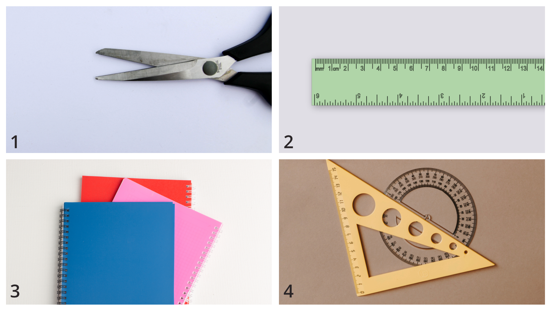 Ilustracja składa się z czterech ponumerowanych zdjęć, które przedstawiają przybory szkolne: nożyczki,linijkę,zeszyty,ekierkę.