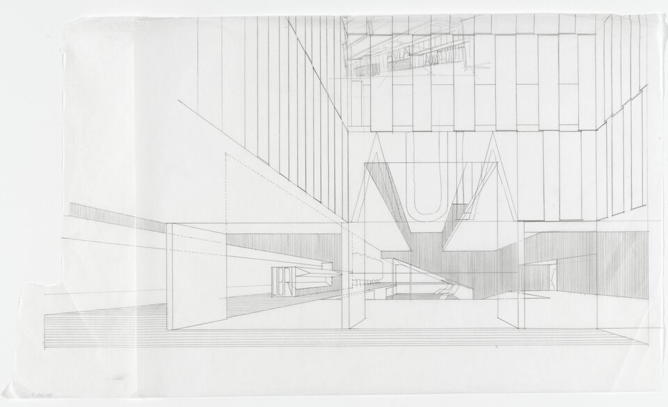 Szkic składa się z prostopadłych płaszczyzn ,tworzących ściany i przejścia. W centralnej części szkicu ascetyczny napis "aula". Szkic biało‑czarny. 