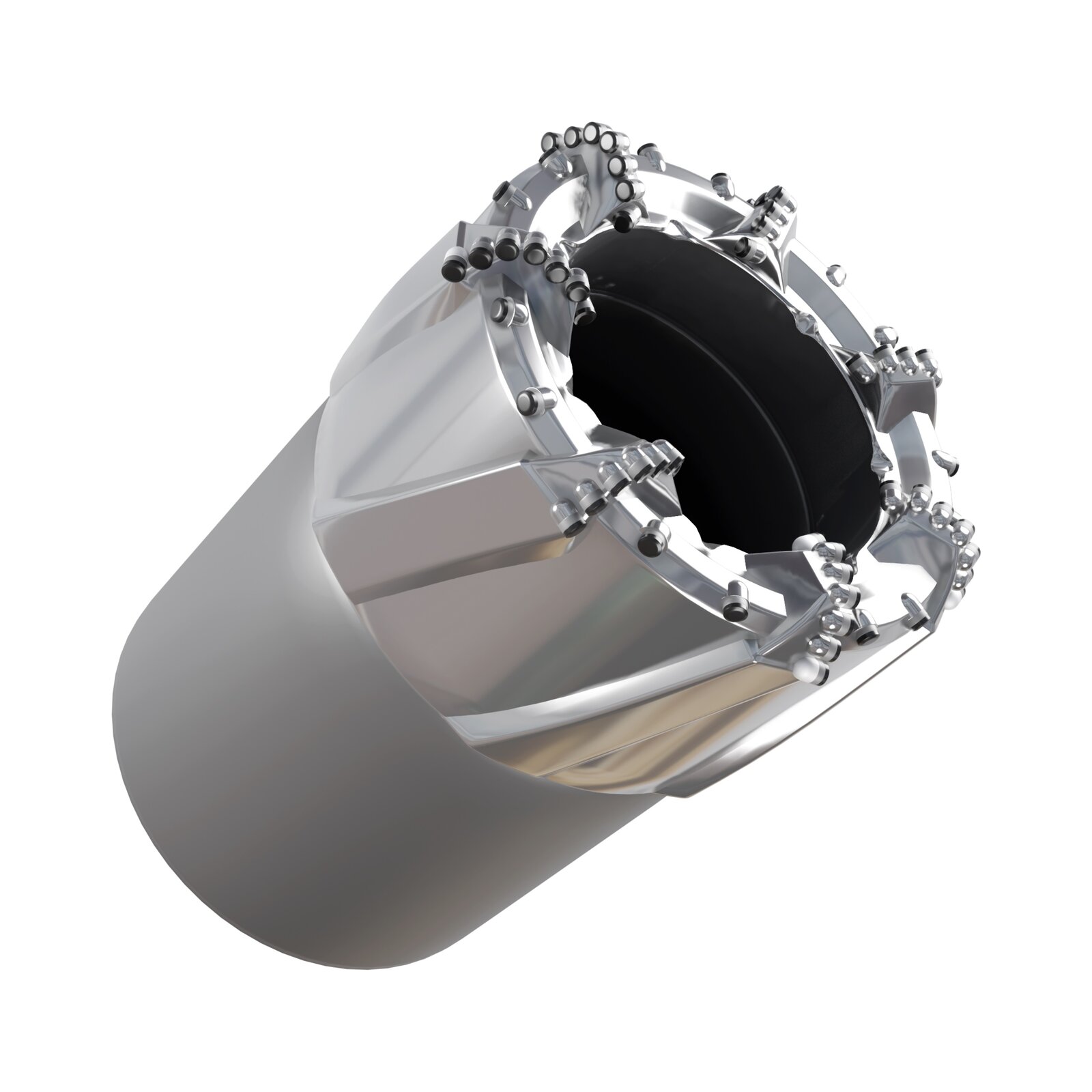 Grafika przedstawia koronkę skrawającą PDC. Koronki typu PDC ze względu na możliwość formowania ostrzy różnej wielkości i konfiguracji występują w wielu formach, różniących się kształtem matrycy, ilością i wielkością ostrzy lub systemem płukania. Dodatkową zaletą koronek PDC jest brak łożysk i innych ruchomych elementów zmniejszających żywotność narzędzi oraz zwiększających prawdopodobieństwo awarii wiertniczej. Uzyskuje się również większe przewierty oraz większe uzyski w porównaniu z konwencjonalnymi narzędziami skrawającymi.
W rzucie głównym podstawę koronki stanowi szary cylindryczny element o płaskiej powierzchni zewnętrznej. U góry podstawa łączy się jasno szarą koronką, na powierzchni której znajdują się wypukłe elementy w kształcie rombu. Góra rąbu ulega zaokrągleniu i biegnie po krawędzi górnej koronki do jej wnętrza. Na zaokrągleniu znajdują się szare stożkowe elementy, w których osadzone są czarne cylindryczne ostrza skrawające. Na górnej krawędzi koronki, po jej obwodzie biegną ostrza skierowane w sposób prostopadły do koronki. Po dwa takie ostrza znajdują się pomiędzy wypukłymi elementami.