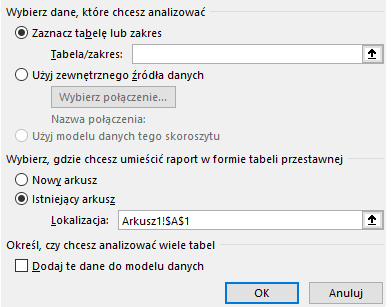 Zdjęcie przedstawia zrzut ekranu okna dialogowego.  Na górze okna znajduje się sekcja o nazwie: Wybierz dane, które chcesz analizować.  Poniżej znajduje się zaznaczona opcja: Zaznacz tabele lub zakres gdzie obok napisu: Tabela/zakres znajduje się puste pole.   Po prawej stronie pola znajduje się strzałka, za pomocą której można wybrać zakres.  Następnie poniżej znajduje się sekcja o nazwie: Wybierz, gdzie chcesz umieścić raport w formie tabeli przestawnej, w której jest zaznaczona opcja: Istniejący arkusz.  Następnie poniżej znajduje się napis: Lokalizacja: obok którego w polu napisane jest: Arkusz1!$A$1.  Na końcu zawartości okna znajduje się sekcja: Określ, czy chcesz analizować wiele tabel, w której znajduje się nie zaznaczony checkbox o nazwie: Dodaj te dane do modelu danych.  Okno dialogowe zawiera również przyciski: OK oraz Anuluj.  