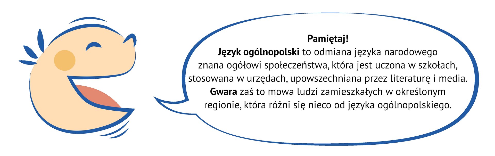 Grafika przedstawia uśmiechniętą, dziecięcą twarz, z której ust wydobywa się dymek. NAPIS: Pamiętaj! Język ogólnopolski to odmiana języka narodowego znana ogółowi społeczeństwa, która jest uczona w szkołach, stosowana w urzędach, upowszechniana przez literaturę i media. Gwara zaś to mowa ludzi zamieszkałych w określonym  regionie, która różni się nieco od języka ogólnopolskiego.