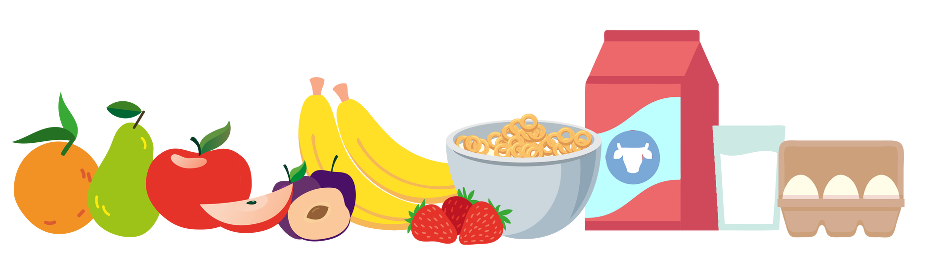 Ilustracja przedstawia produkty spożywcze. Od lewej są to: pomarańcza, gruszka, czerwone jabłko, mały kawałek czerwonego jabłka, dwie i pół śliwki, dwa banany, trzy truskawki, płatki zbożowe w szarej misce, karton mleka krowiego, szklanka mleka i trzy jajka w otwartej wytłaczance.