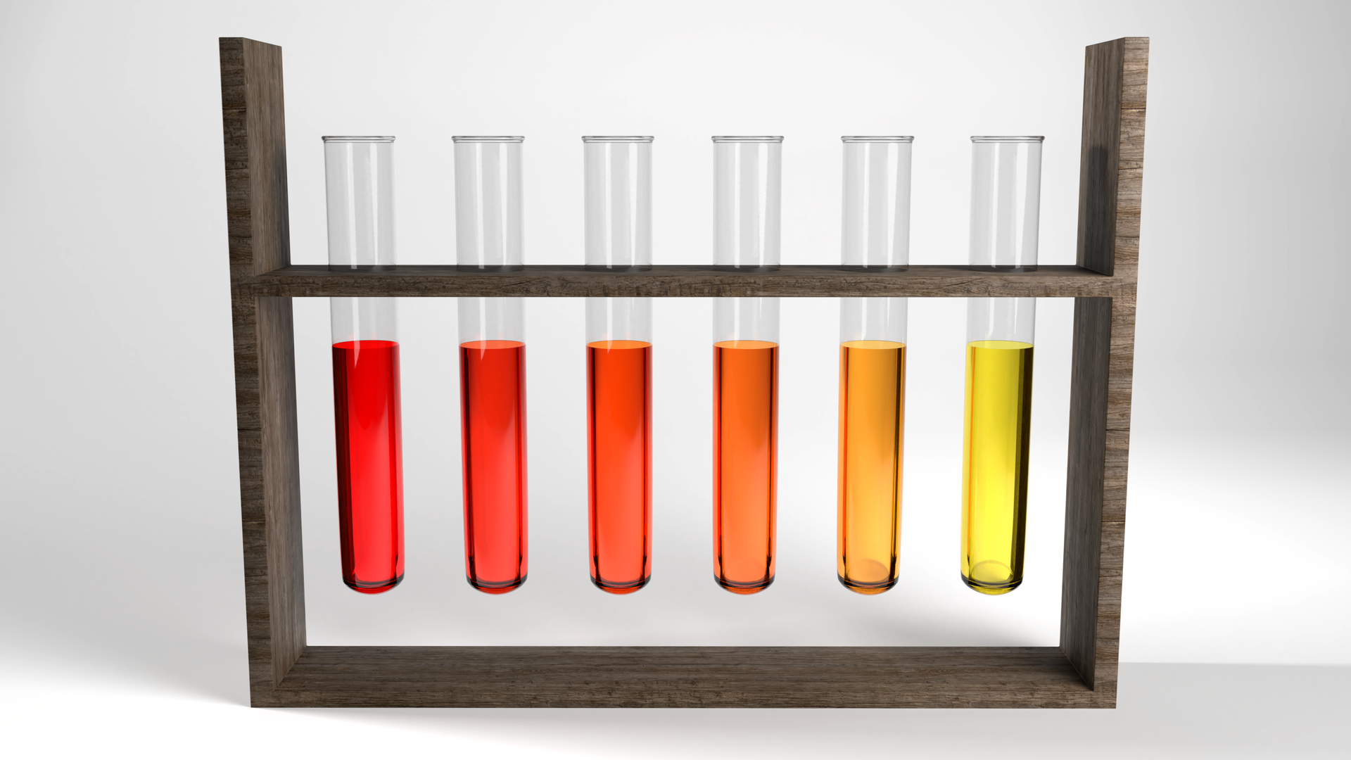 Ilustracja przedstawiająca statyw z sześcioma probówkami zawierającymi roztwory oranżu metylowego różniące się pH. Od lewej ciemnoczerwony roztwór o najmniejszej wartości pH, dalej w miarę zwiększania pH roztwór staje się czerwony, jasnoczerwony, pomarańczowy, jasnopomarańczowy i wreszcie żółty przy pH zasadowym.