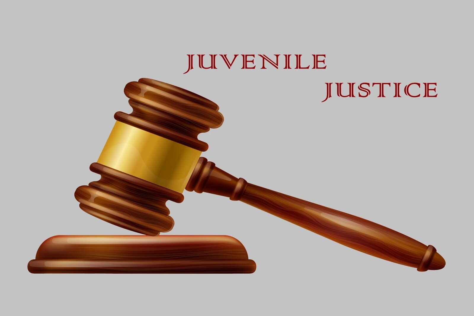 Grafika przedstawia młotek sędziowski leżący na podkładce. Nad młotkiem umieszczono napis "JUVENILE JUSTICE".