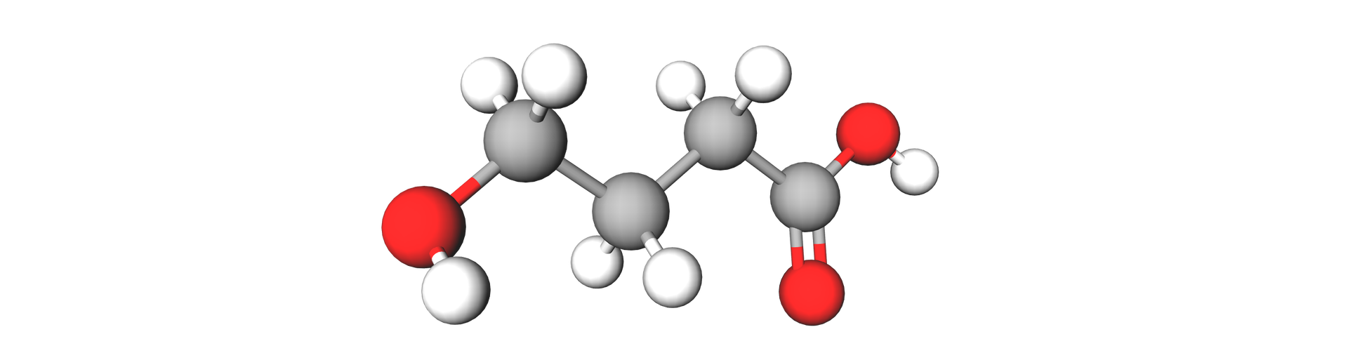 Model cząsteczki GHB. Składa się z dużych i małych kulek w trzech różnych kolorach. Łańcuch główny ma kształt zygzaka i tworzą go cztery szare kulki. Szara kulka po lewej stronie łączy się z czerwoną kulką, która łączy się z białą kulką. Na górze szara kulka łączy się z dwiema małymi białymi kulkami. Szara kulka po prawej stronie łączy się na dole z czerwoną kulką, a u góry z czerwoną kulką, która łączy się z białą kulką. Dwie pozostałe szare kulki łączą się - każdy z nich - z dwiema białymi kulkami.