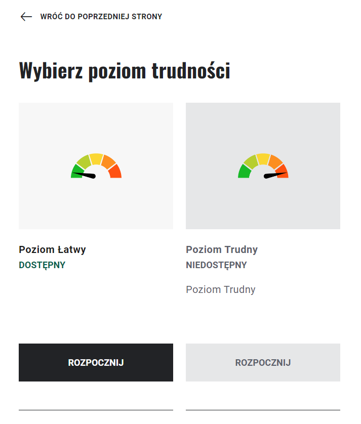 Przykładowy ekran wyboru stopnia trudności w grze. Na samej górze strzałka skierowana w lewo i napis "wróć do poprzedniej strony". Poniżej można wybrać jeden z dwóch poziomów trudności - łatwy lub trudny. Następnie należy kliknąć w czarny przycisk "rozpocznij".