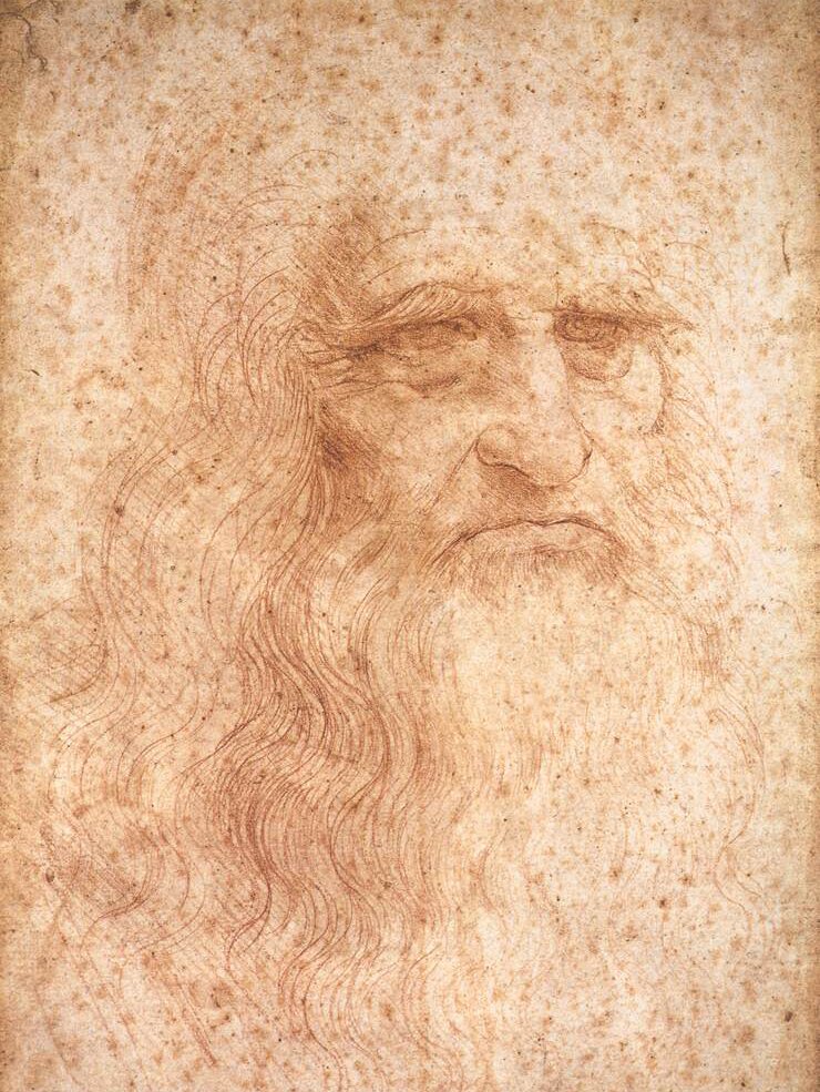 Obraz przedstawia portret  Leonarda da Vinci  [czyt. leonarda da winczi]. Jest to szkic. Mężczyzna ma długą brodę i długie pofalowane włosy. Oczy są głęboko osadzone. Brwi ma krzaczaste. Rysunek przedstawia twarz artysty.