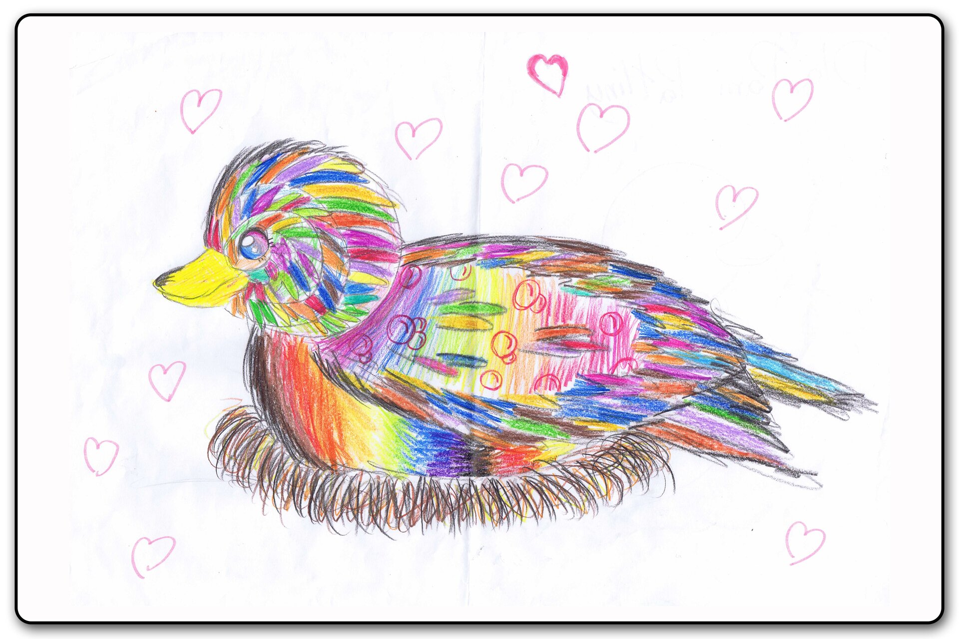 Ilustracja 6 galerii prac plastycznych uczniów. Ilustracja przedstawia bardzo kolorowego ptaka siedzącego w gnieździe. Dookoła niego latają serca.