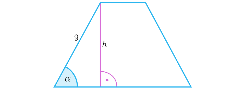 Rysunek przedstawia trapez, którego lewe ramię ma długość dziewięć. Z górnego lewego wierzchołka upuszczono wysokość h i oznaczono kat prosty między wysokością a podstawą. Między dolną podstawą a lewym ramieniem oznaczono kąt alfa.