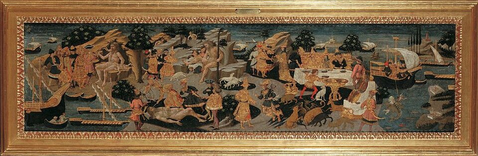 Obraz w złoconych ramach przedstawia przygody Odyseusza. Przedstawione sceny to, od lewej: Odyseusz u Polifema, Oślepienie Polifema, Odyseusz z Hermesem, Odyseusz na uczcie u Kirke, Odyseusz między Scyllą a Charybdą. Poszczególne sceny umieszczone są jedna po drugiej. Namalowane postacie stoją na skale otoczonej wodą, wszystkie noszą renesansowe stroje, ponieważ obraz powstał w tej epoce. Przy brzegu stoją statki z żaglami, gdzieniegdzie rosną zielone drzewa.