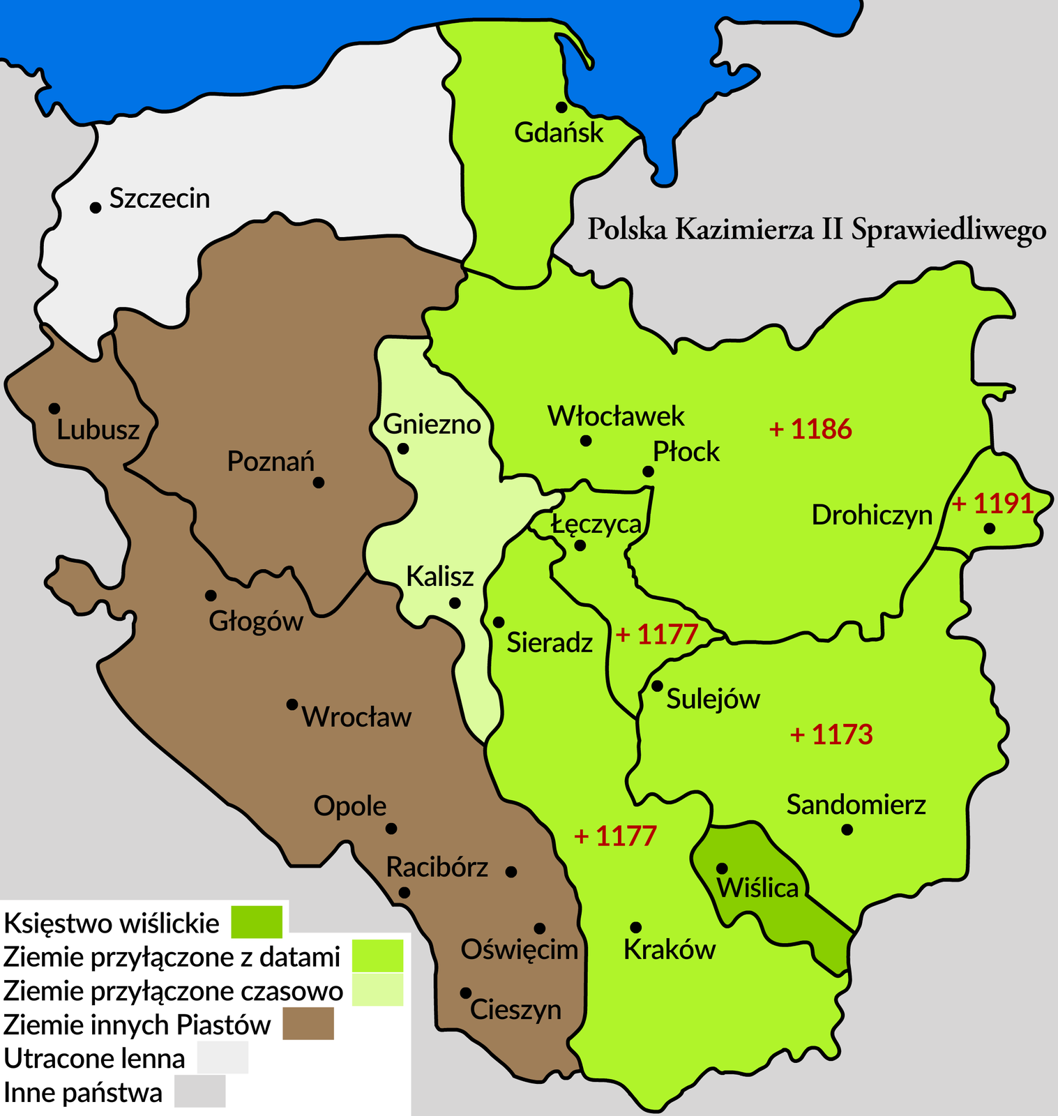 Ilustracja przedstawia mapę Polski w okresie 1177‑1194. Przedstawia obszar księstwa wiślickiego oraz pozostałych ziem przyłączonych przez Kazimierza II Sprawiedliwego: w 1173 roku ziemi sandomierskiej, w 1177 roku ziemi krakowskiej i łęczycko‑sieradzkiej, w 1186 roku Mazowsza i w 1191 roku ziemi drohiczyńskiej, również wschodniej Wielkopolski z Gnieznem i Kaliszem oraz Pomorza Gdańskiego. Mapa pokazuje terytoria innych książąt piastowskich: Śląsk i Wielkopolskę oraz obszary sąsiednich państw obcych. 