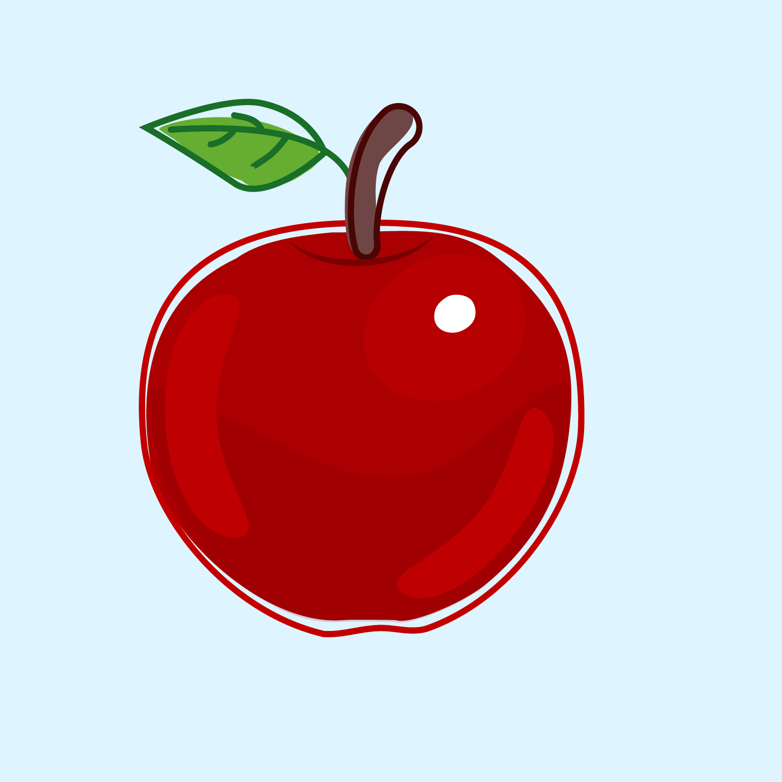 Grafika przedstawia czerwone jabłuszko z ogonkiem i listkiem. 