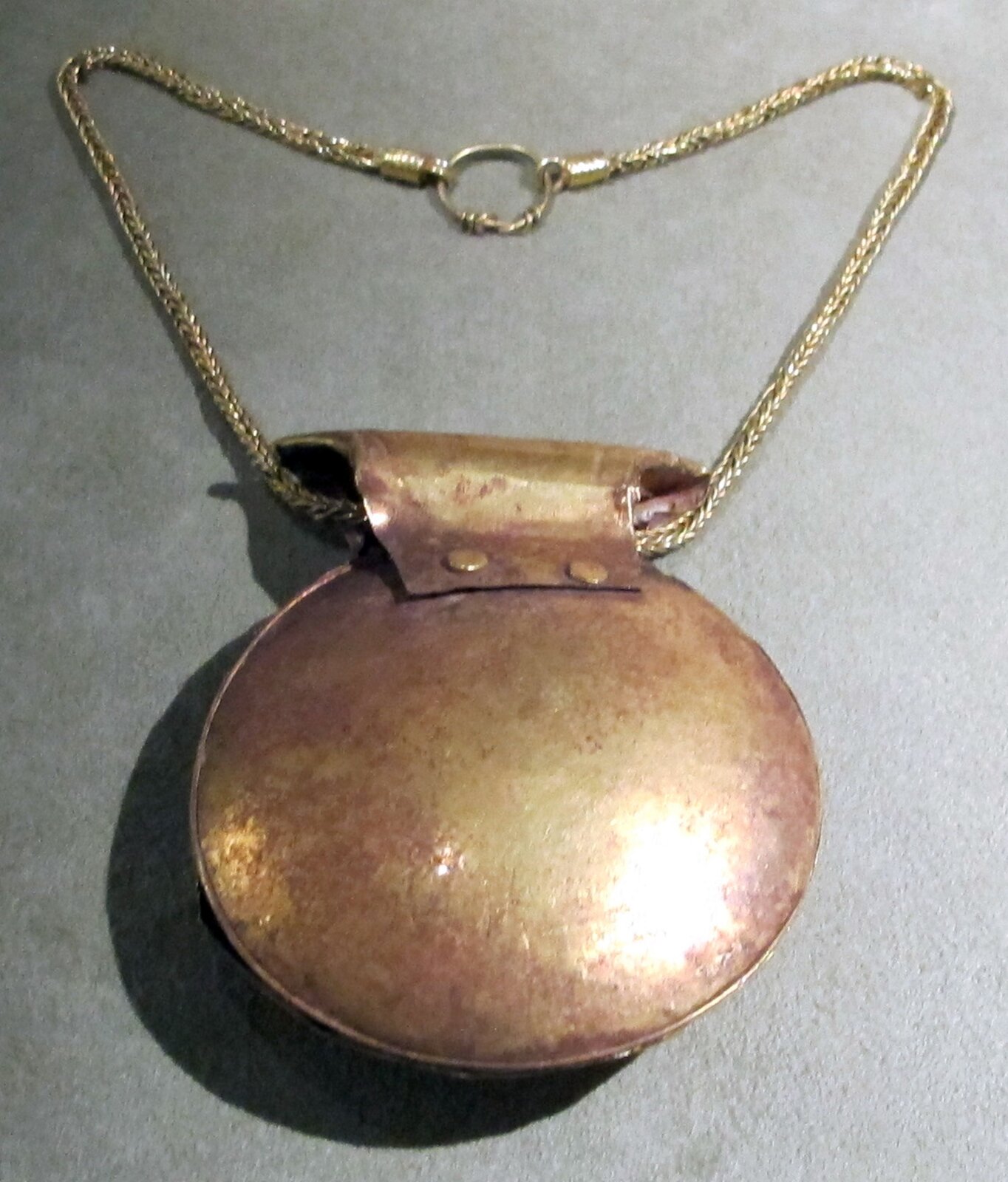 Fotografia nieznanego autora przedstawia złoty medalion, który połączony jest krótkim złotym łańcuchem. Fotografia medalionu została wykonana na szarym tle. Medalion ma błyszczącą obudowę.