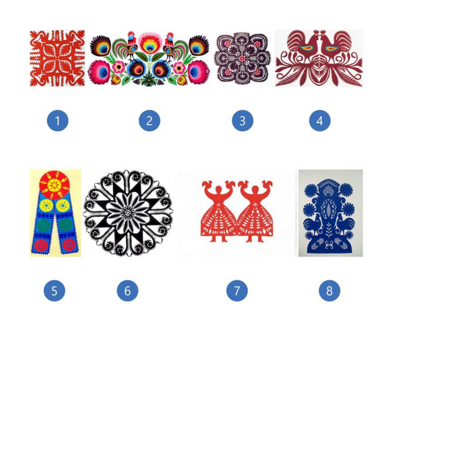 Pierwsza ilustracja przedstawia wycinankę w kolorze czerwony z motywami roślinnymi. Centralną część stanowi podzielony na cztery części kwadrat. Z narożników idą ku środkowi listki. Z każdego narożnika na zewnątrz wychodzi wzór dwóch siedzących, stykających się dziobami ptaków. Całość dopełniają detale o roślinnym motywie. Druga ilustracja to kodra w poziomie, symetrycznie ułożone kolorowe kwiaty i listki kwiatowe. Po obu bokach głównego, środkowego kwiata widać kolorowego koguta z zielonkawym ogonem. Kwiaty są różnokolorowe. Trzecia ilustracja przedstawia mazur w kolorze ciemno-brązowym o motywie roślinnym. Składa się z wielu okrągłych lub półokrągłych części w środku których są kwiaty lub liście. Na wzorze wyróżnić można pięć kwiatów rozmieszczonych w rogach i centralnym punkcie, które są innego koloru niż całość. Płatki są różowo-czerwone, a środek żółty. Czwarta ilustracja przedstawia dwa koguty stojące na gałązce i stykające się dziobami. Całość jest w kolorze bordowym za wyjątkiem skrzydeł kogutów, które mają barwę niebieską, żółtą i czerwoną. Od gałązki odchodzą różnego rodzaju listki. Piąta ilustracja przedstawia wstęgę z czerwonym kołem o żółtym wzorze w środku. Z koła wychodzą dwie niebieskie wstęgi z piłowatymi brzegami. Na każdej z nich są trzy okrągłe rozetki w kolorze żółtym, zielonym i czerwonym ułożone jedna pod drugą. Rozetki są przedzielone wzorem przypominającym ustawione małe słupki siana w kolorze granatowym. Szósta ilustracja przedstawia wycinankę. Jest to wzór oparty na kole w czarnym kolorze. Środek to kwiat o wielu płatkach wpisany w gwiazdę o ośmiu wierzchołkach. Przestrzeń między ramionami gwiazdy wypełnia wzór przypominający wodę tryskającą z fontanny. Siódma ilustracja przedstawia wycinankę kobiety z kokoszkami. Wycinanka to dwie kobiety stojące i stykające się dołem rozkloszowanymi sukniami. Trzymają ręce w górze, na których widać koguciki. Wycinanka ma kolor czerwony. Ósma ilustracja przedstawia rózgę. Jest to niebieski, symetryczny wzór wycinaki przypominającej drzewo. Po obu stronach są koguty, kwiaty na gałązkach i inne roślinne wzory.