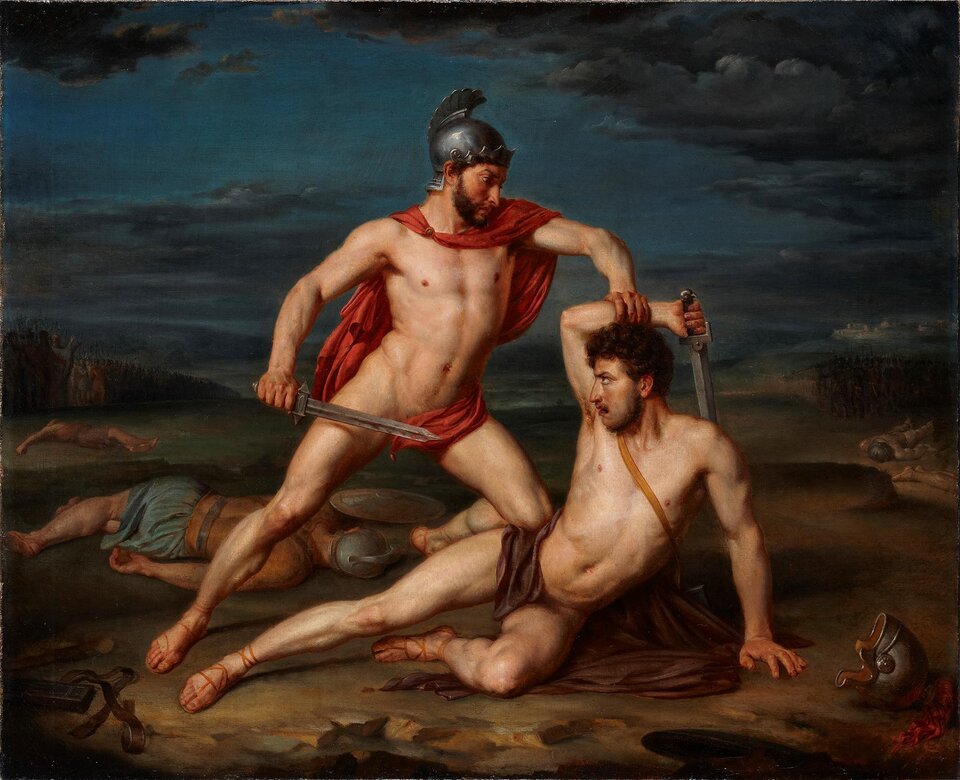 Obraz przedstawia scenę rodzajową. Na obrazie Achilles i Hektor zostali przedstawieni jako wojownicy. Achilles stoi nad upadającym Hektorem. Achilles to mężczyzna o atletycznej budowie ciała. Owinięty szatą, na jego głowie znajduje się hełm zakończony piórami. Na nogach ma sandały. Jego głowa zwrócona jest w stronę Hektora. W prawej ręce trzyma miecz, lewą ręką przytrzymuje Hektora. Hektor to mężczyzna o atletycznej budowie ciała. W prawej ręce trzyma miecz, lewą ręką się podpiera o ziemię. Na nogach ma ubrane sandały. Obok Hektora na ziemi leży hełm. Na drugim planie znajdują się zabici żołnierze. W tle widać ciemne, zachmurzone niebo. 