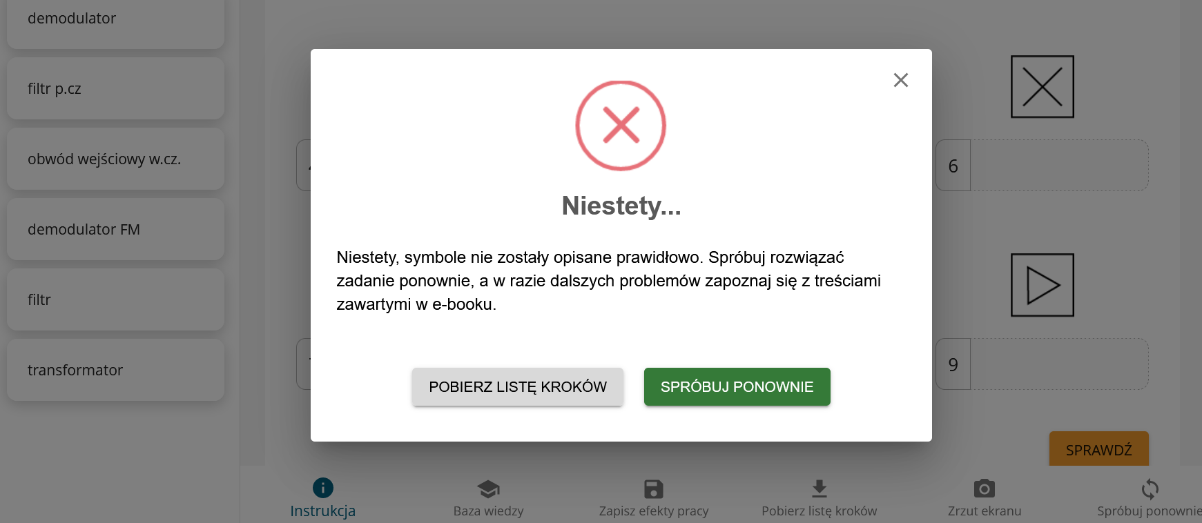 Przykładowy widok rozwiązanego ćwiczenia. Na środku znajduje się informacja o negatywnym wyniku ćwiczenia.