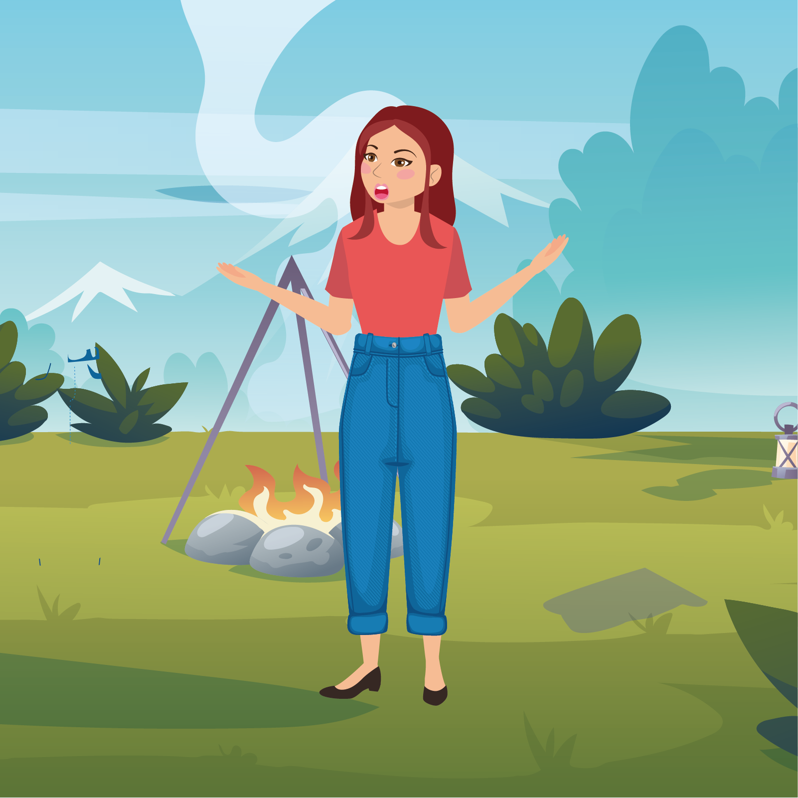 Ilustracja przedstawia mamę Mii z rozłożonymi rękami, i otwartymi ustami. Za kobietą, widoczne jest ognisko otoczone kamieniami, oraz ośnieżone szczyty gór.