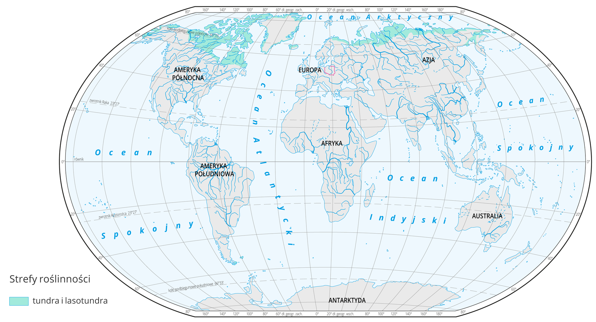 Mapa świata prezentuje występowanie tundry na Ziemi. Tundra, oznaczona kolorem jasnoniebieskim, występuje w okolicach koła podbiegunowego i obejmuje północną cześć Alaski, Kanady, Skandynawii, Rosji, Islandii oraz południe Ameryki Południowej.