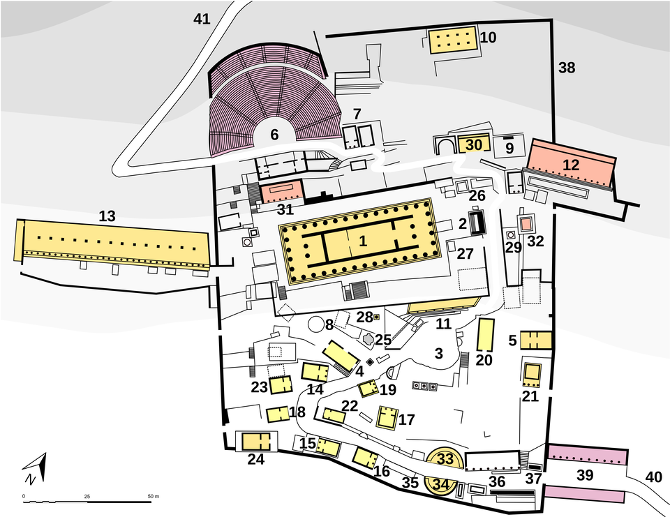 Plan Sanktuarium Apollina w Delfach. Plan świątyni Apollina oznaczony numerem 1, inne obiekty planu: drogi i budowle, amfiteatr, oznaczone numerami od 1 do 40.
