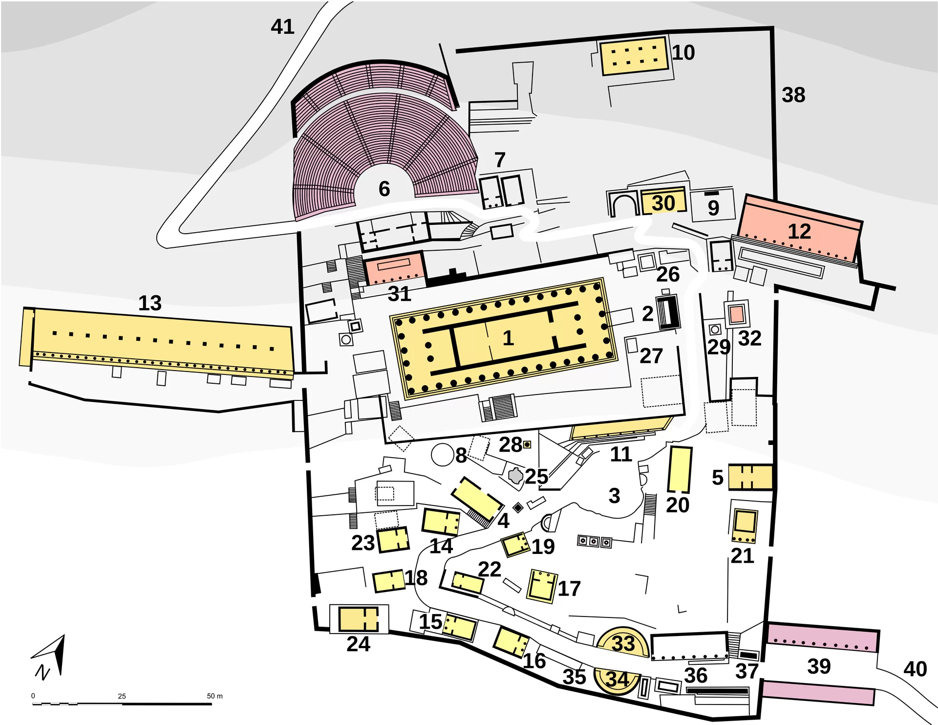Plan Sanktuarium Apollina w Delfach. Plan świątyni Apollina oznaczony numerem 1, inne obiekty planu: drogi i budowle, amfiteatr, oznaczone numerami od 1 do 40.