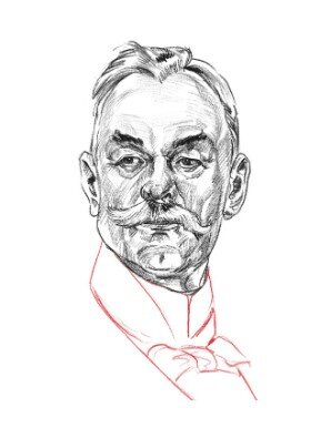 Rysunek przedstawia twarz mężczyzny w średnim wieku, z wydatnymi wąsami, ciemnymi brwiami i wysokim czołem. Jest ubrany elegancko, w białą koszulę z wysokim kołnierzykiem, z ozdobną kokardą pod szyją.