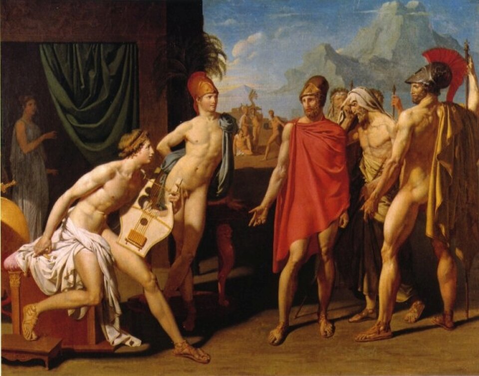 Ilustracja Auguste Ingres, „Posłowie Agamemnona w namiocie Achillesa”. Widać wejście do namiotu, które częściowo zasłania zielona kotara. W wejściu stoi kobieta w niebieskiej, długiej sukni z odsłoniętymi ramionami. Przed namiotem znajdują się nadzy mężczyźni, jeden z nich założoną ma czerwoną tkaninę zawiązaną na ramieniu. Mężczyźni stoją lub siedzą w różnych pozach. W tle znajdują się szczyty wysokich gór.