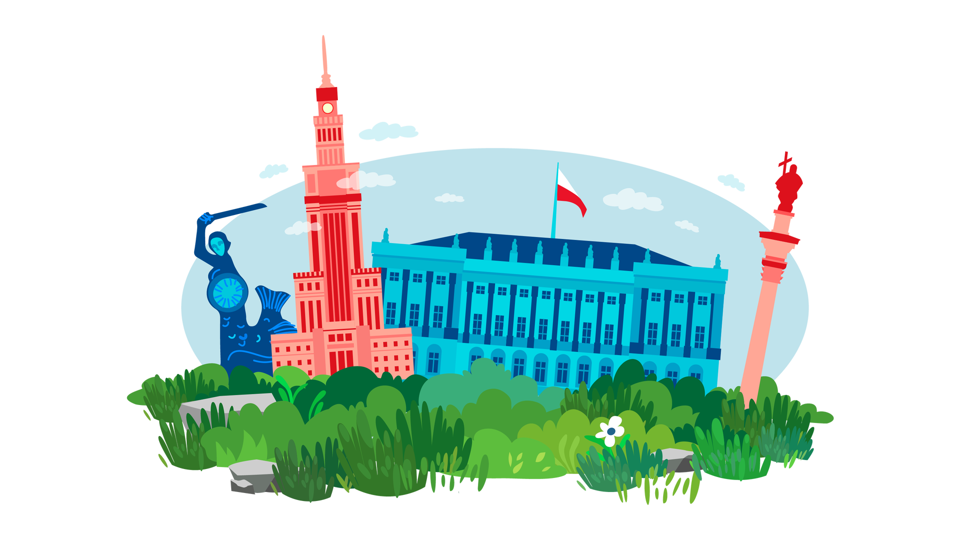 Ilustracja przedstawia budowle związane z Warszawą. Po lewej stronie stoi granatowy pomnik warszawskiej Syrenki. Jest to pół kobieta, pół syrena. W lewej ręce trzyma okrągłą tarczę, a w prawej, uniesionej nad głową, miecz. Na prawo od pomnika jest czerwony budynek Pałacu Kultury i Nauki. Jest zakończony wysoką wieżą z zegarem. Na środku znajduje się niebieski budynek Pałacu Prezydenckiego. Na jego dachu widać biało‑czerwoną flagę Polski. Po prawej stronie ilustracji stoi czerwona Kolumna Zygmunta. Jest to pomnik przedstawiający postać króla Zygmunta trzeciego Wazy. Na pierwszym planie znajduje się polana porośnięta wysokimi trawami i zielonymi krzewami. Gdzieniegdzie leżą pojedyncze szare kamienie. Po prawej stronie rośnie pojedynczy biały kwiat. W tle widać błękitne niebo z jasnymi chmurami.