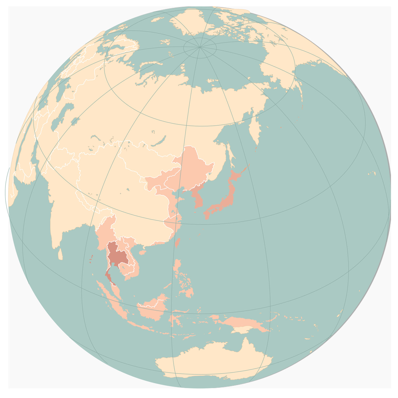 Na ilustracji wschodnia półkula świata. Zaznaczono na niej następujące tereny: Chiny, Koreę, Tajlandię, Birmę, Wietnam, Laos, Kambodżę, Malaje oraz Indonezję.