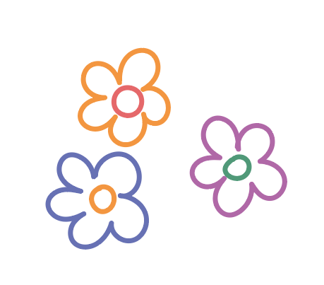 Ilustracja przedstawia narysowane trzy kolorowe kontury kwiatków na białym tle.