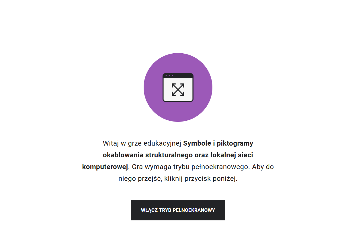 Przykładowy widok gry edukacyjnej. Na środku panelu startowego znajduje się znaczek trybu szerokoekranowego. Niżej widoczny jest tytuł gry znajdującej się w materiale.