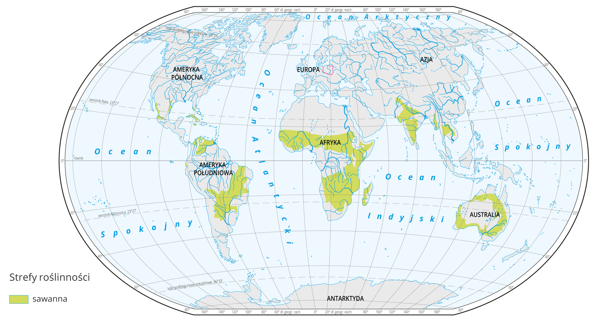 Mapa świata prezentuje występowanie sawanny na Ziemi. Sawannę oznaczono kolorem zielonym na mapie. Sawanna występują w: Afryce na północ i na południe od lasów równikowych. Ameryce Południowej na północ i południe od Amazonii, Ameryce północnej na pograniczu Meksyku i południowych krańcach USA, środkowych Indiach i północno‑wschodniej Australii.